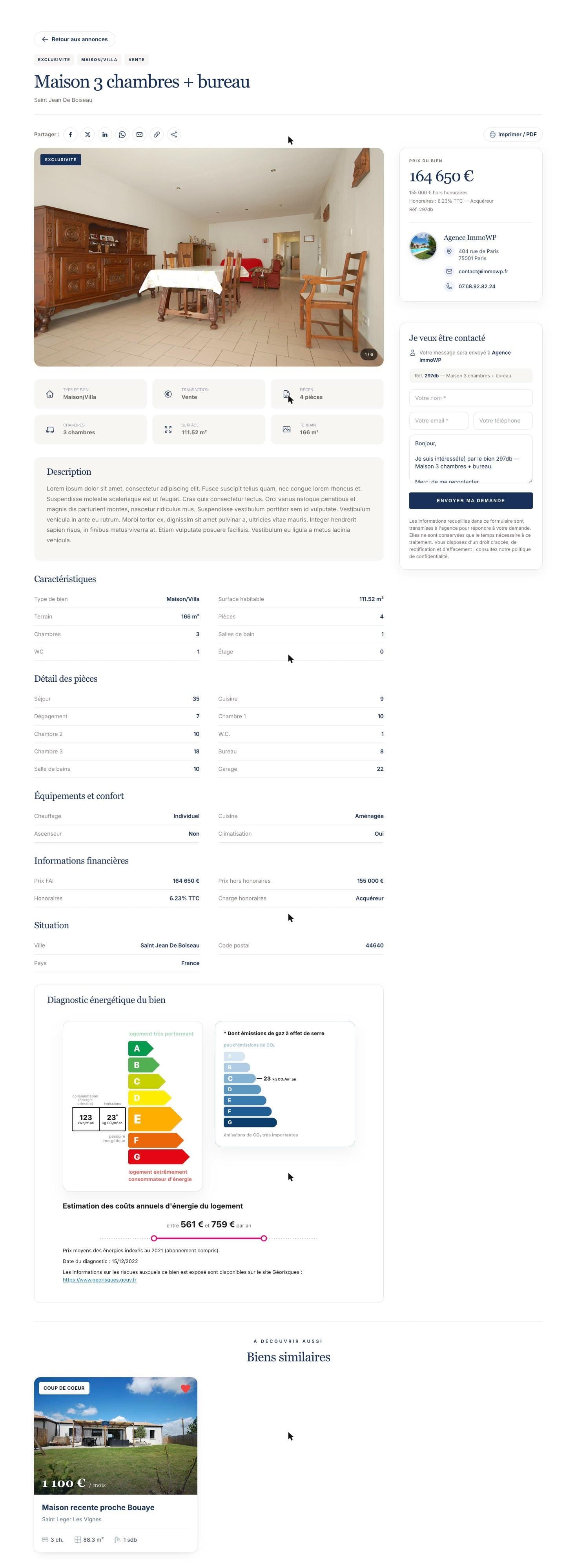 Fiche complète d’un bien dans le plugin ImmoWP : galerie photo, caractéristiques, détail des pièces, équipements, informations financières, diagnostics DPE/GES et formulaire de contact